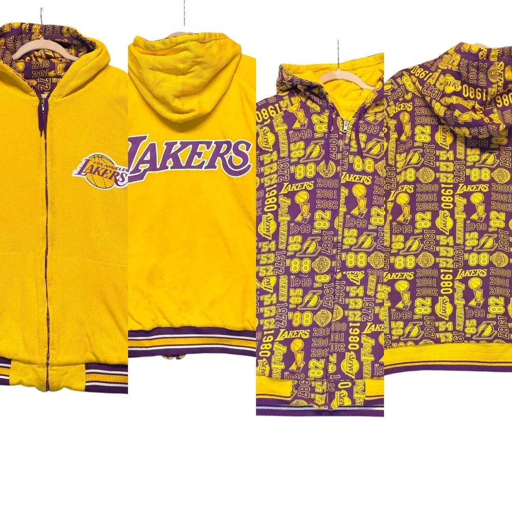 LA Lakers Reversible Jacket Mens 3XL Yellow Purple Waffle Knit Hooded NBA G-III