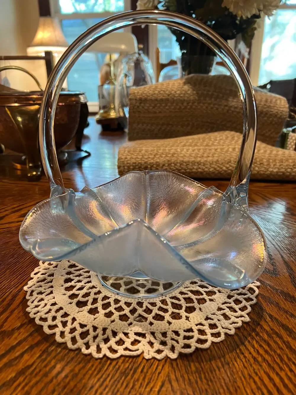 Vintage Fenton Glass Ice Blue Iridescent Basket with Handle, 8.5