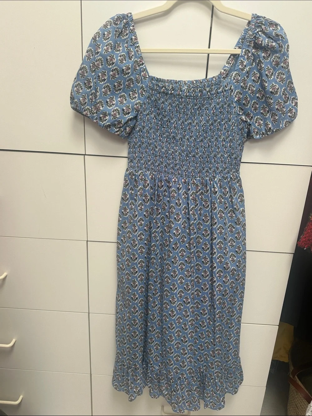 J. Crew Smocked Puff-Sleeve Midi Dress in Light Blue Floral