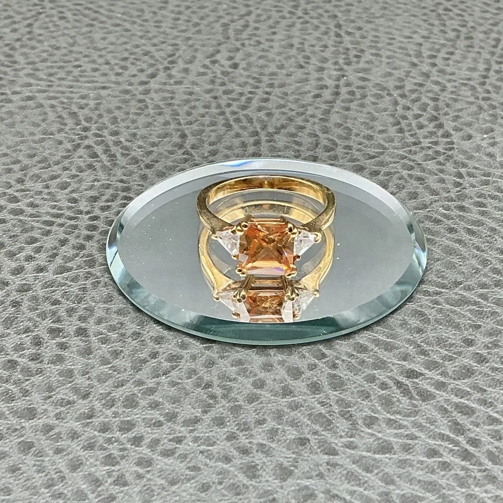 Ring Size 9 Gold Tone Champagne Square Stone Clear Sides Cocktail Womens Jewelry