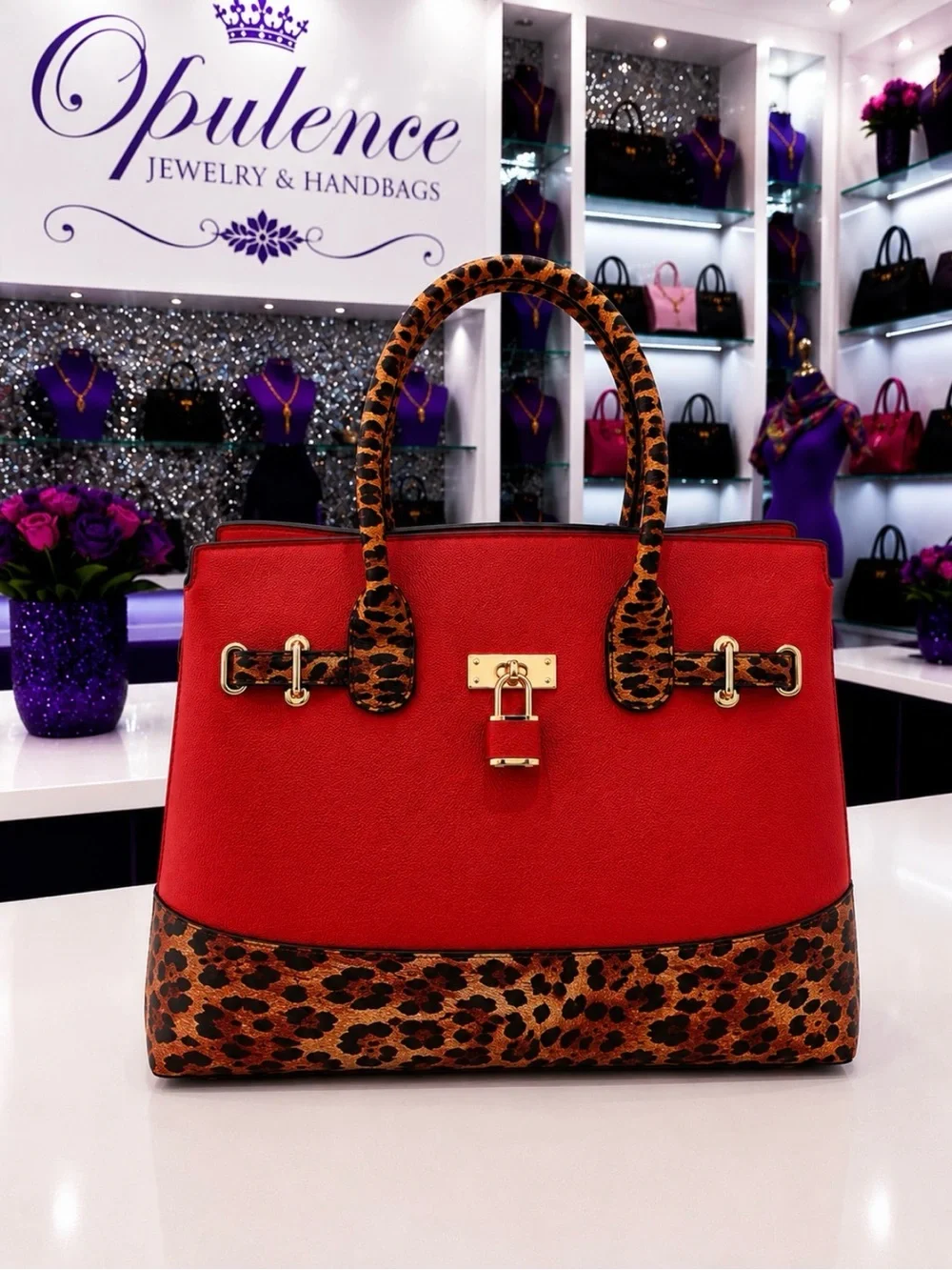 Red Leopard-Trim Satchel