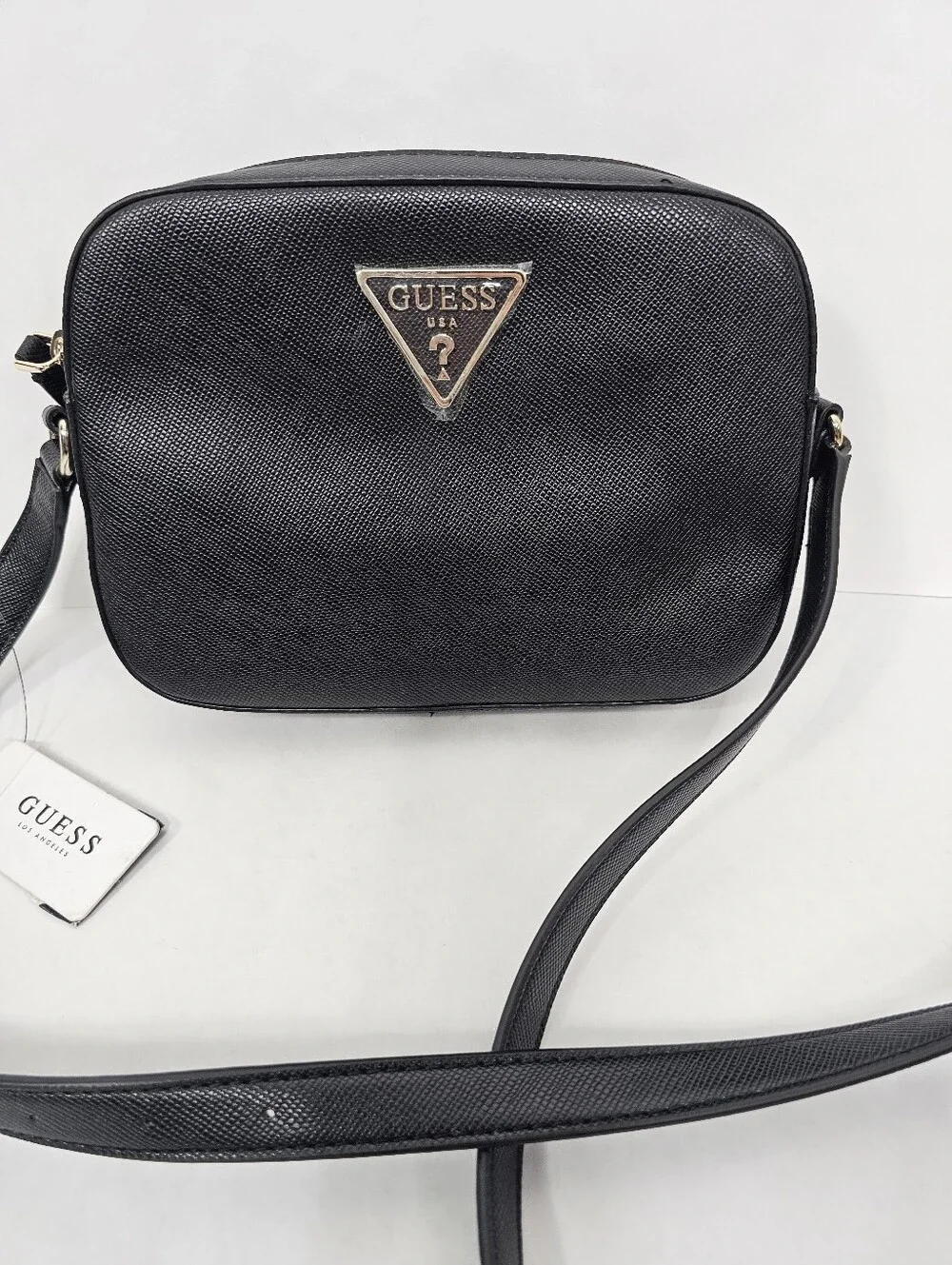 GUESS Black Carys Saffiano Camera Crossbody Bag Faux Vegan Leather NEW