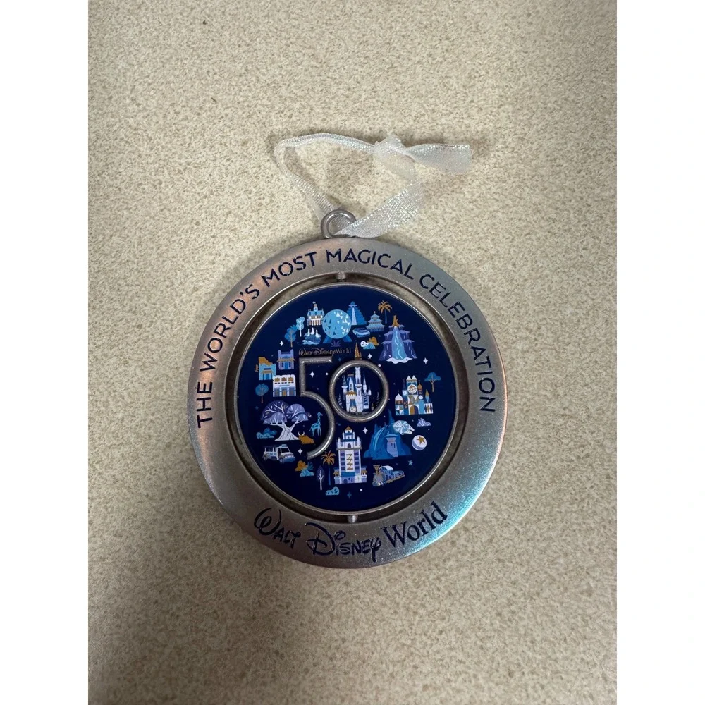 Disney World 50th Anniversary Mickey Mouse Spinning Metal Ornament Silver Blue