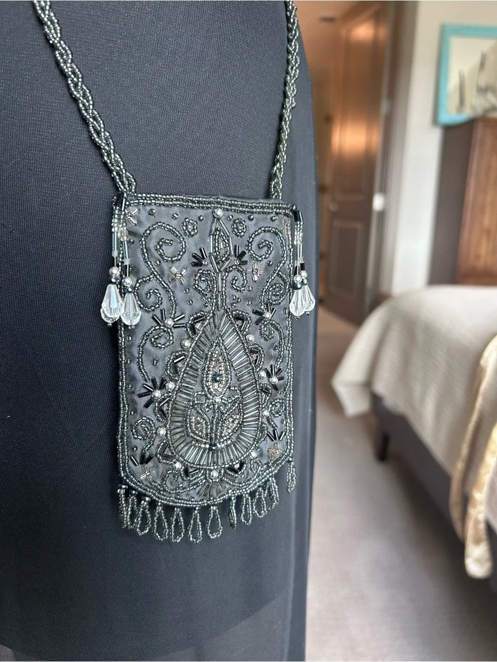 Black Silk Beaded Bag w/beading. Carry your phone chic. 3 x 5 .