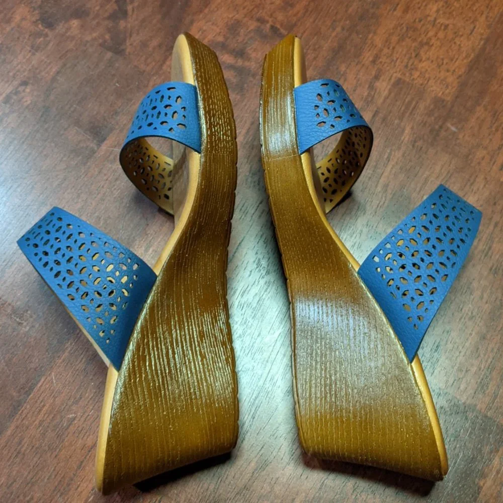 Italian Shoemakers blue laser cut slip on strap wedge sandals 7.5