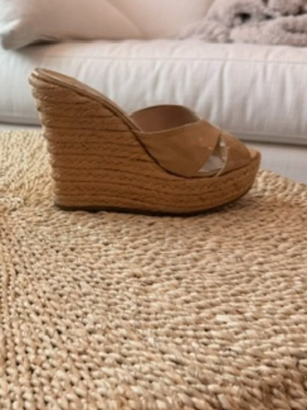 Jimmy Choo Tan Patent Leather Raffia Wedges, 35
