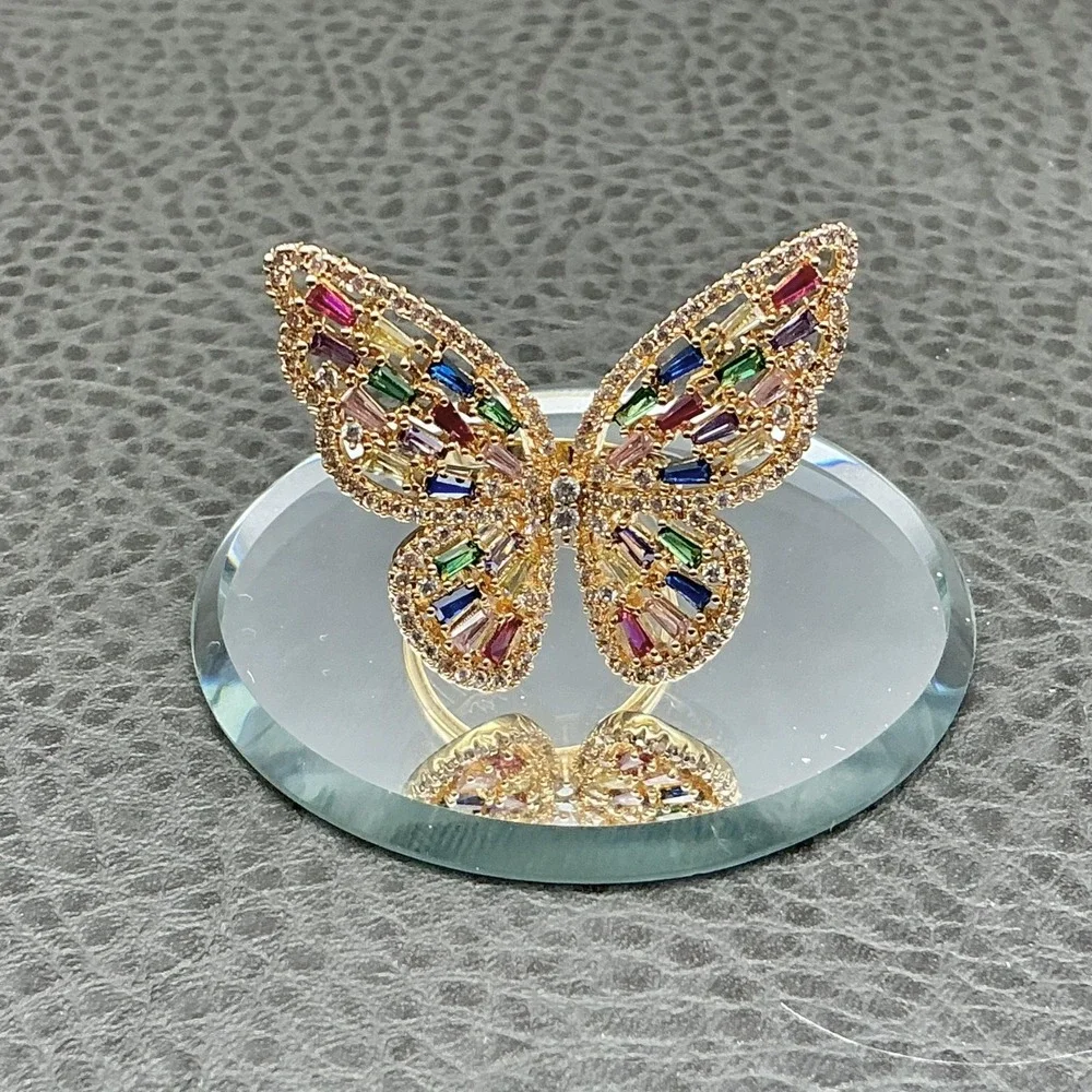 Ring Size 7 Gold Tone Multicolor Butterfly Rhinestone Cocktail Womens Jewelry