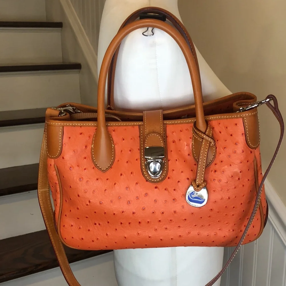 DOONEY & BOURKE Orange Ostrich Print Leather Crossbody Shoulder Laptop Bag NWOT