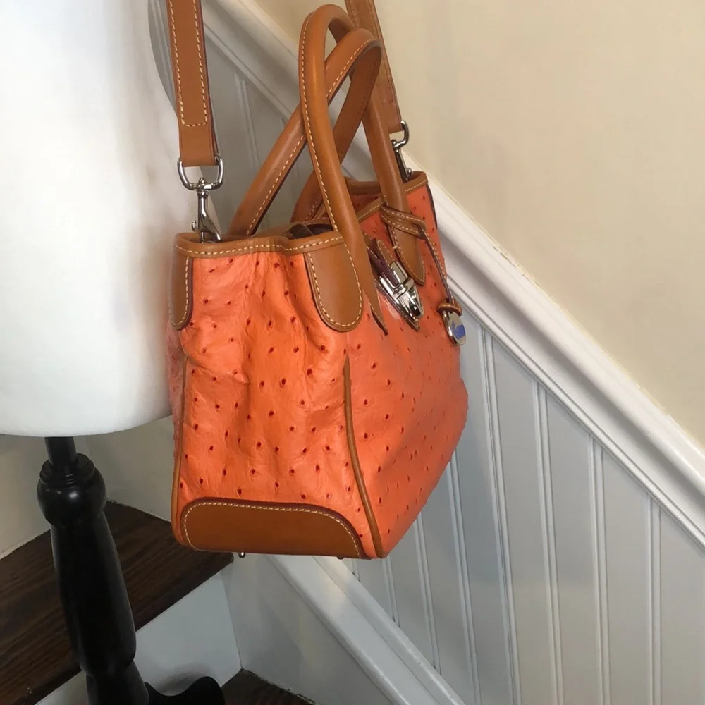 DOONEY & BOURKE Orange Ostrich Print Leather Crossbody Shoulder Laptop Bag NWOT