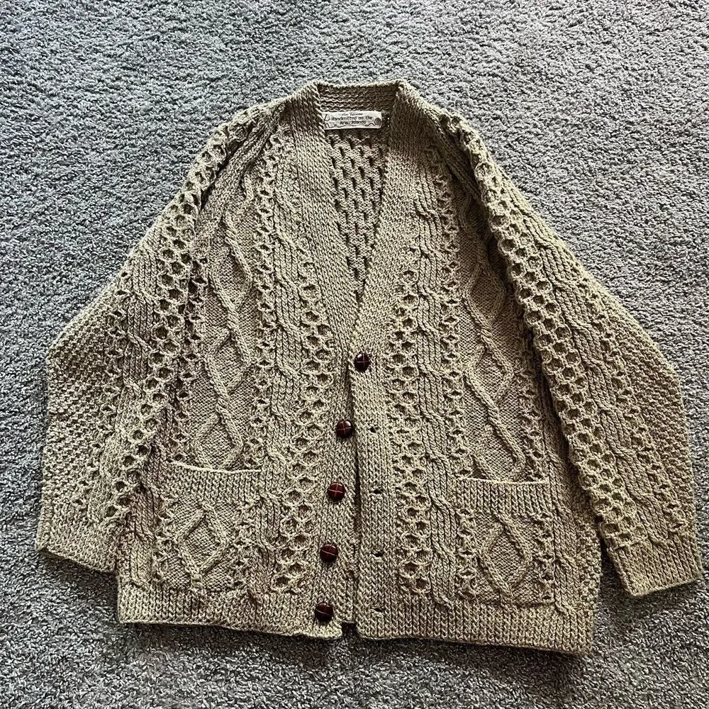 VTG Aran Islands Ireland Wool Cardigan Sweater Brown Fisherman Chunky Knit Sz L