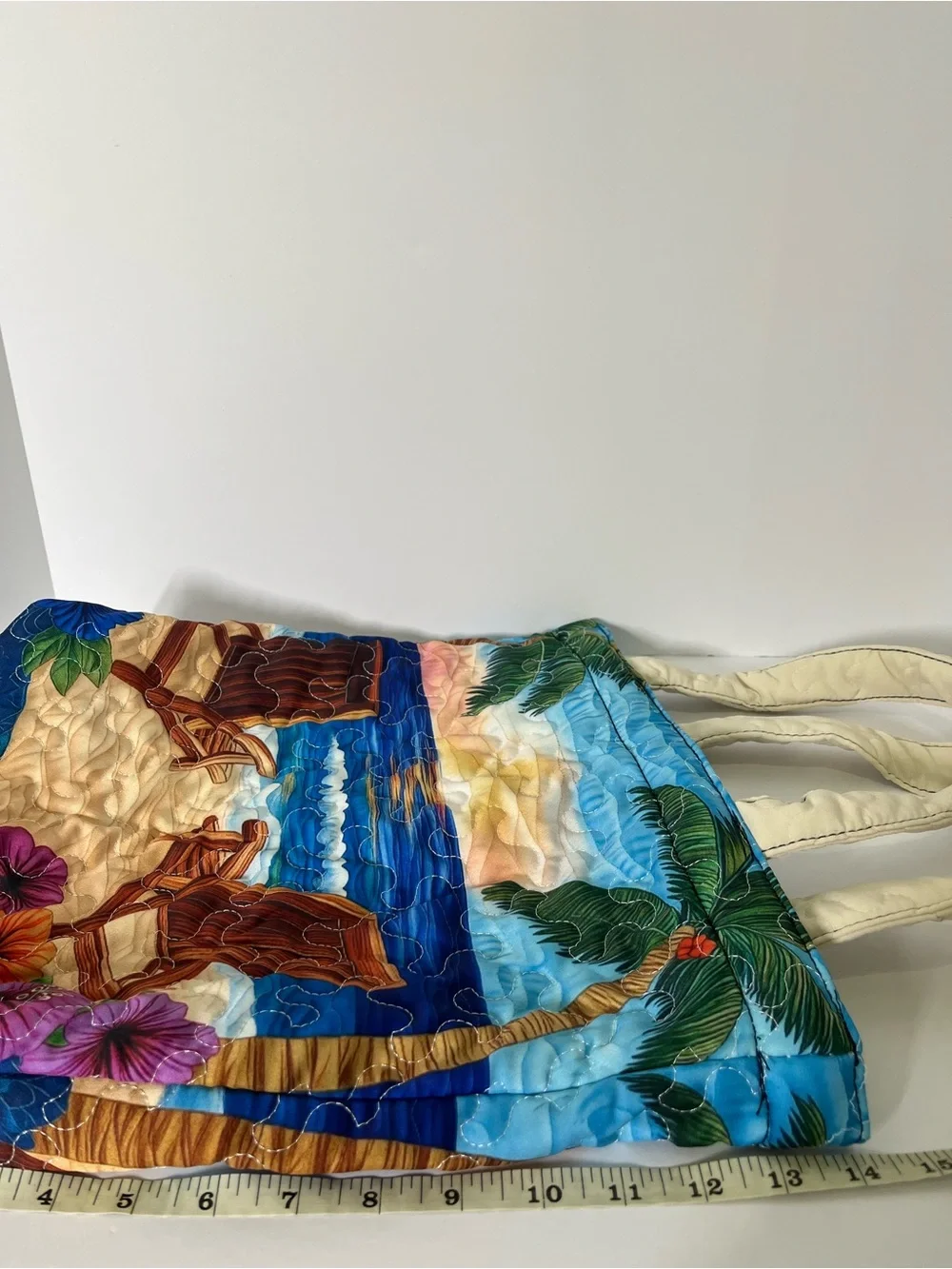Quilted “Palm Island Paradise” Beach Scene Tote Bag in Multi-Color