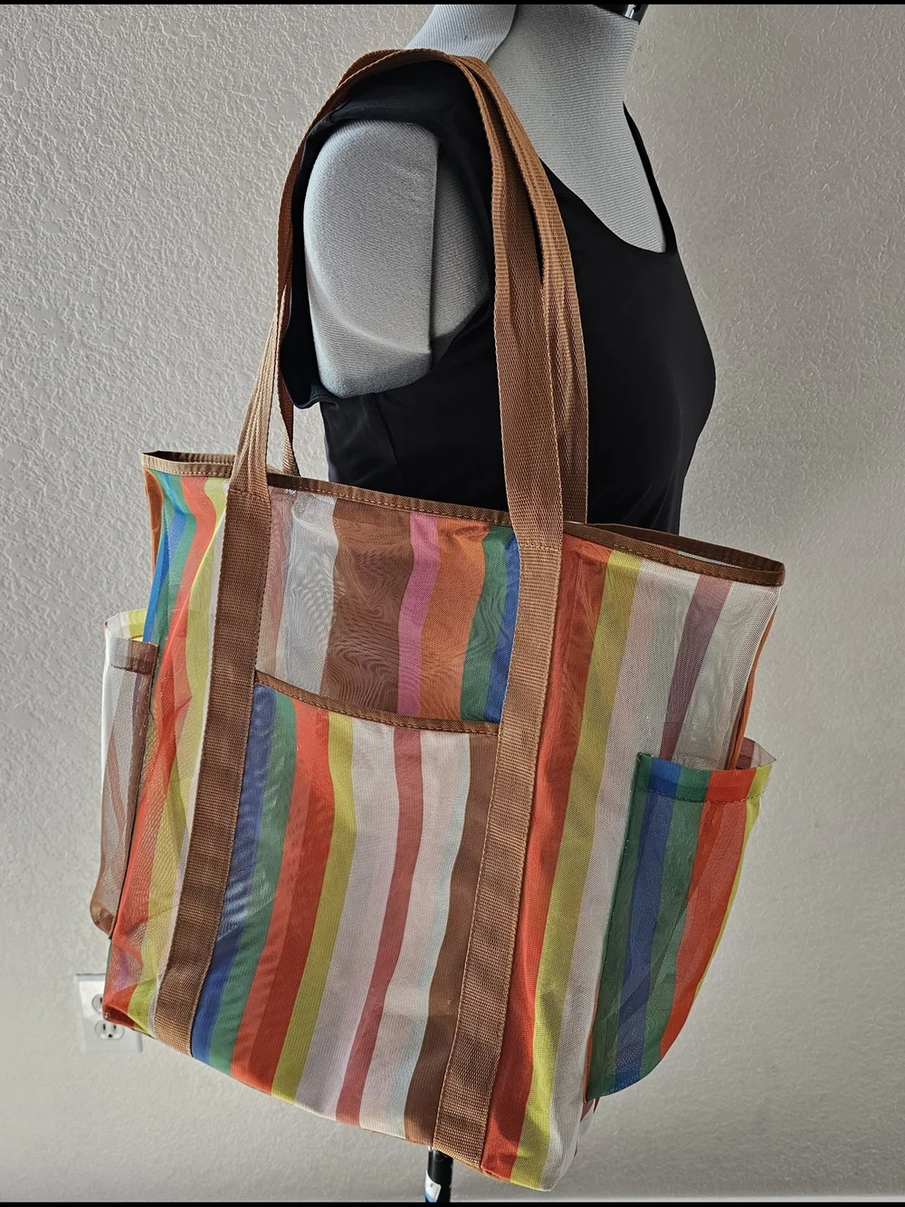 Striped Multicolor Beach Tote Bag with Brown Straps