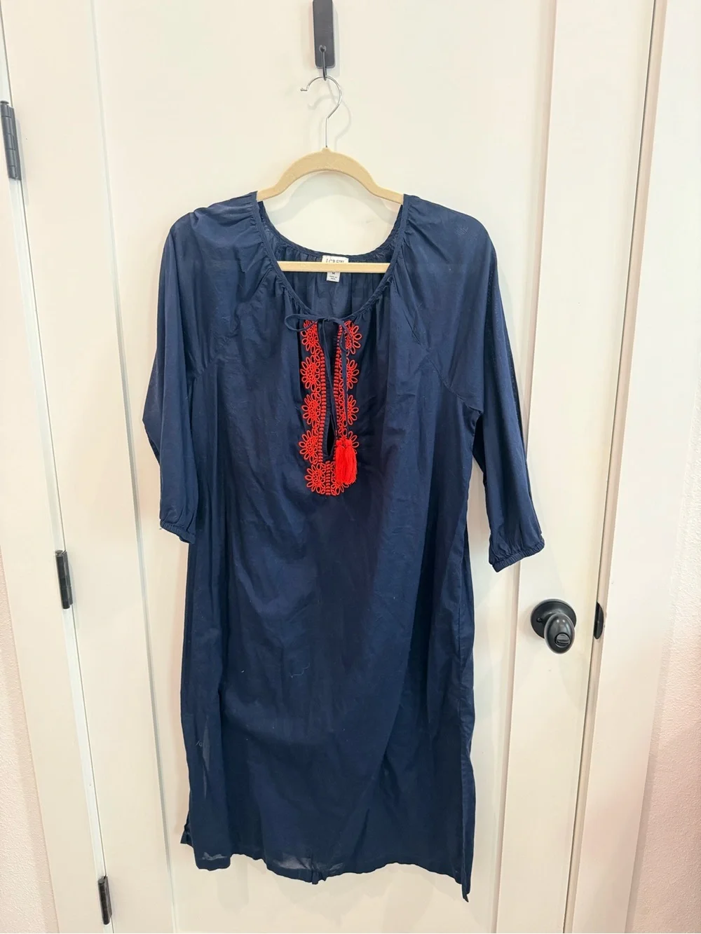 J. Crew Navy Maxi Dress with Red Embroidered Tassel Detail