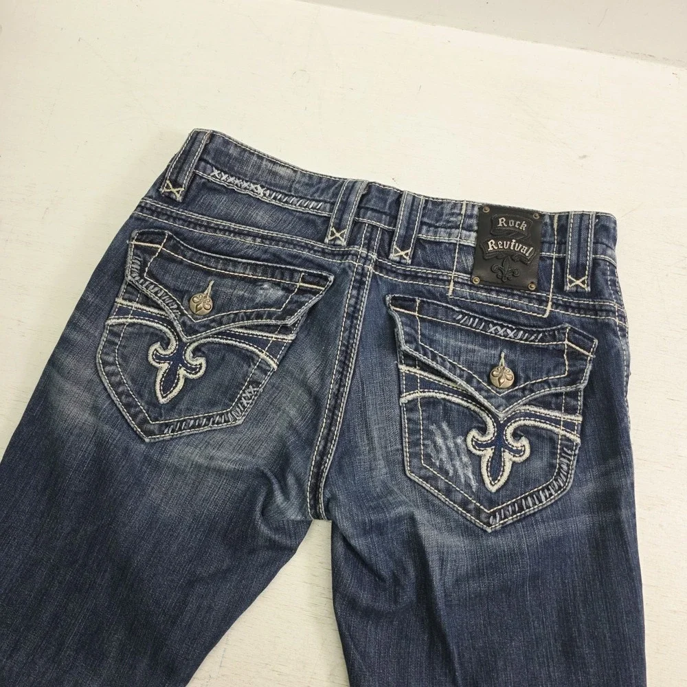 Rock Revival Paul Straight Jeans Men's 32x29 Distressed Dark Wash Thick Stitch