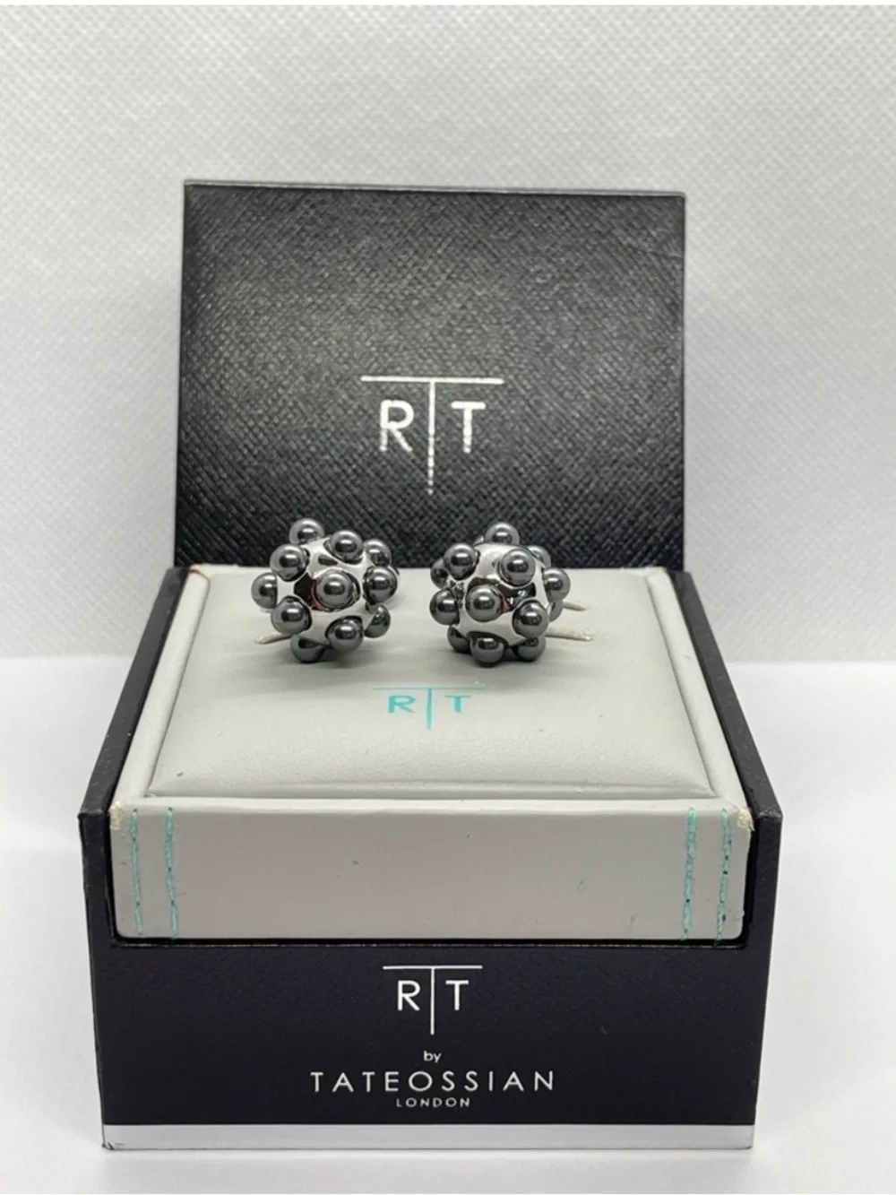 Tateossian Pearl Ball Cufflinks Silver Tone Gray Boxed Designer Luxury Modern