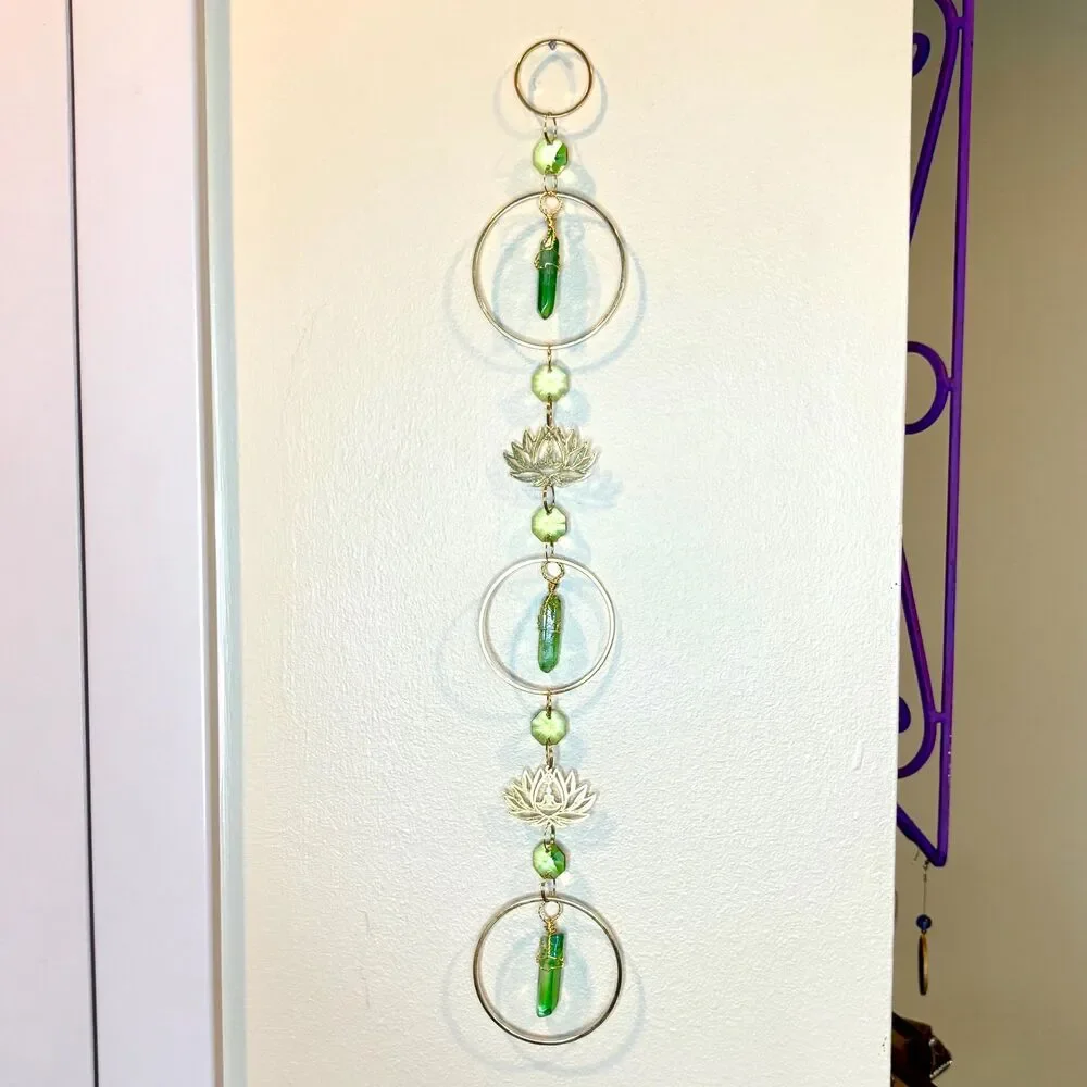 Green Aura Quartz Wall Hanging | Gold Lotus Meditation Charm | Love Abundance