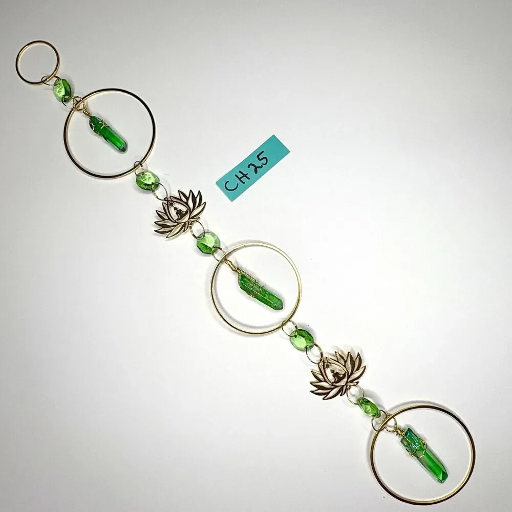 Green Aura Quartz Wall Hanging | Gold Lotus Meditation Charm | Love Abundance