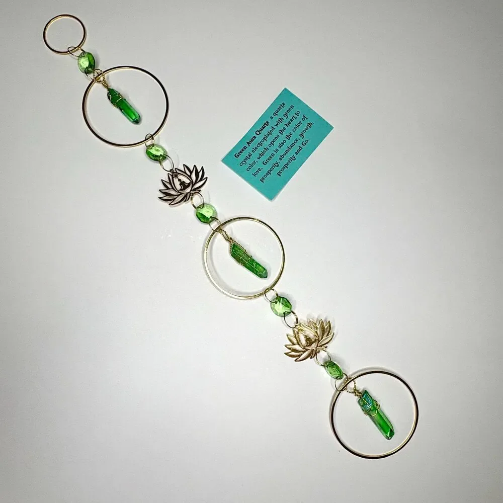 Green Aura Quartz Wall Hanging | Gold Lotus Meditation Charm | Love Abundance
