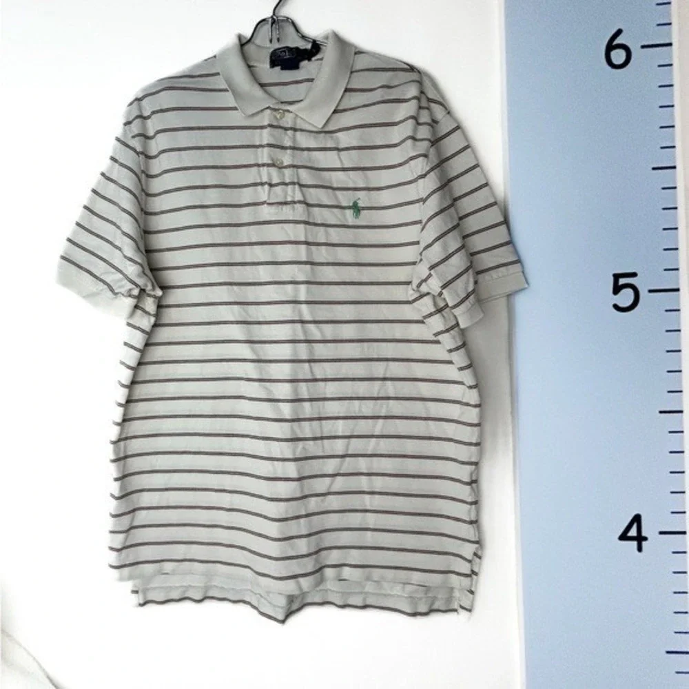 Polo by Ralph Lauren White & Brown Stripes Polo Shirt‎ Green Pony Logo Men Large