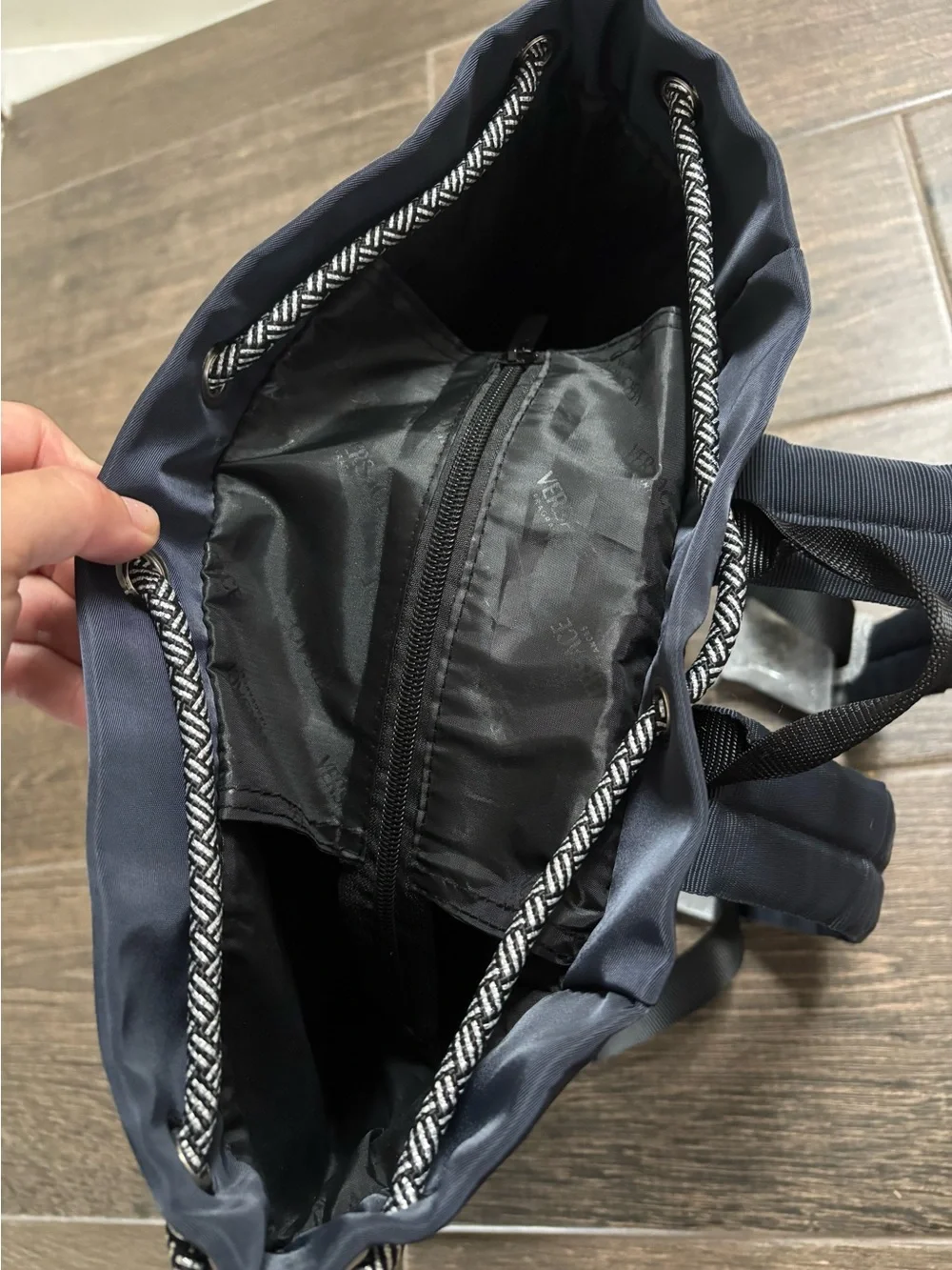 Versace / Men’s Navy Drawstring Backpack w/ Front Zip Pocket Adjustable Strap