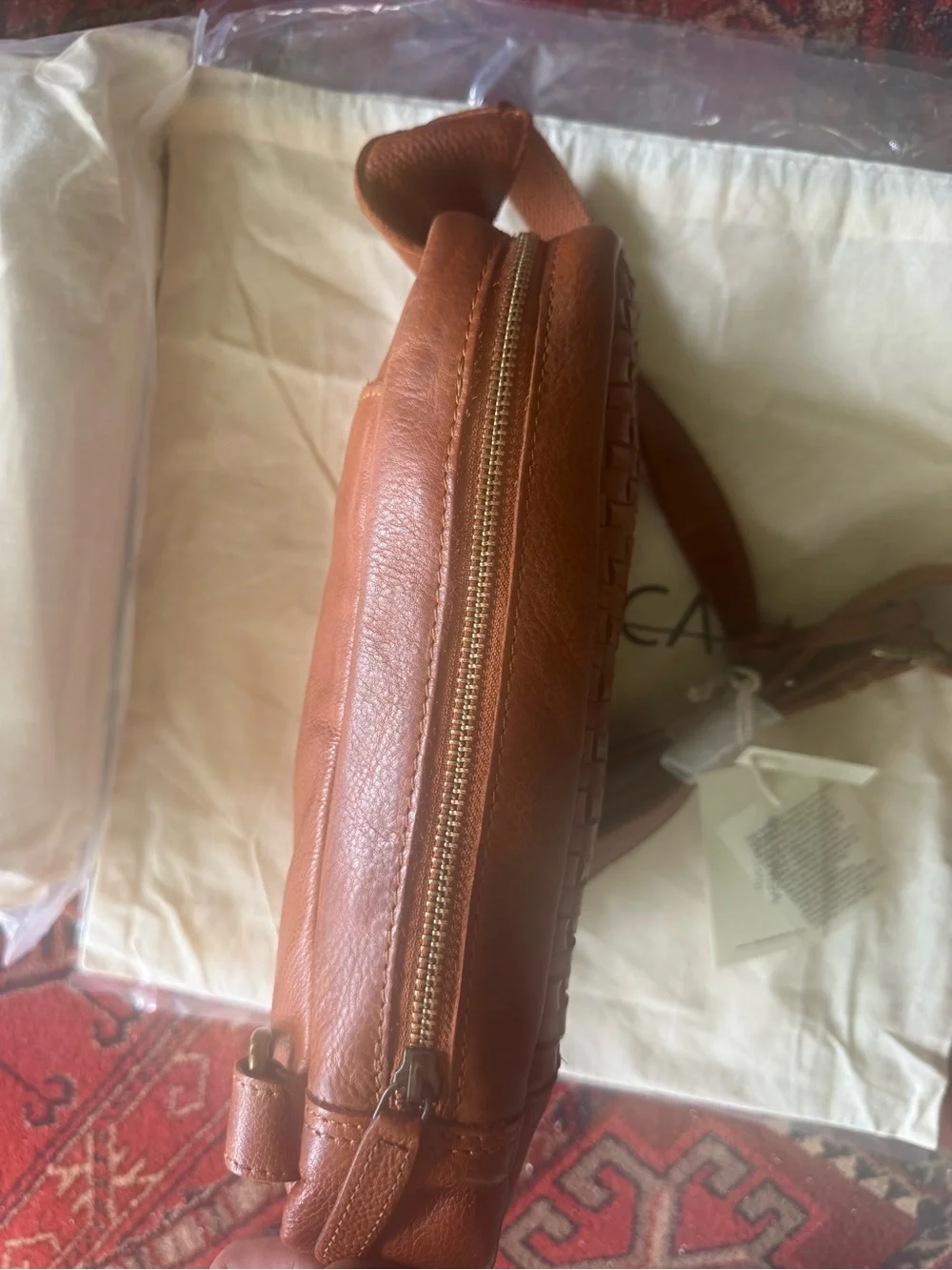 Vilenca Holland Woven Leather Crossbody Bag in Cognac