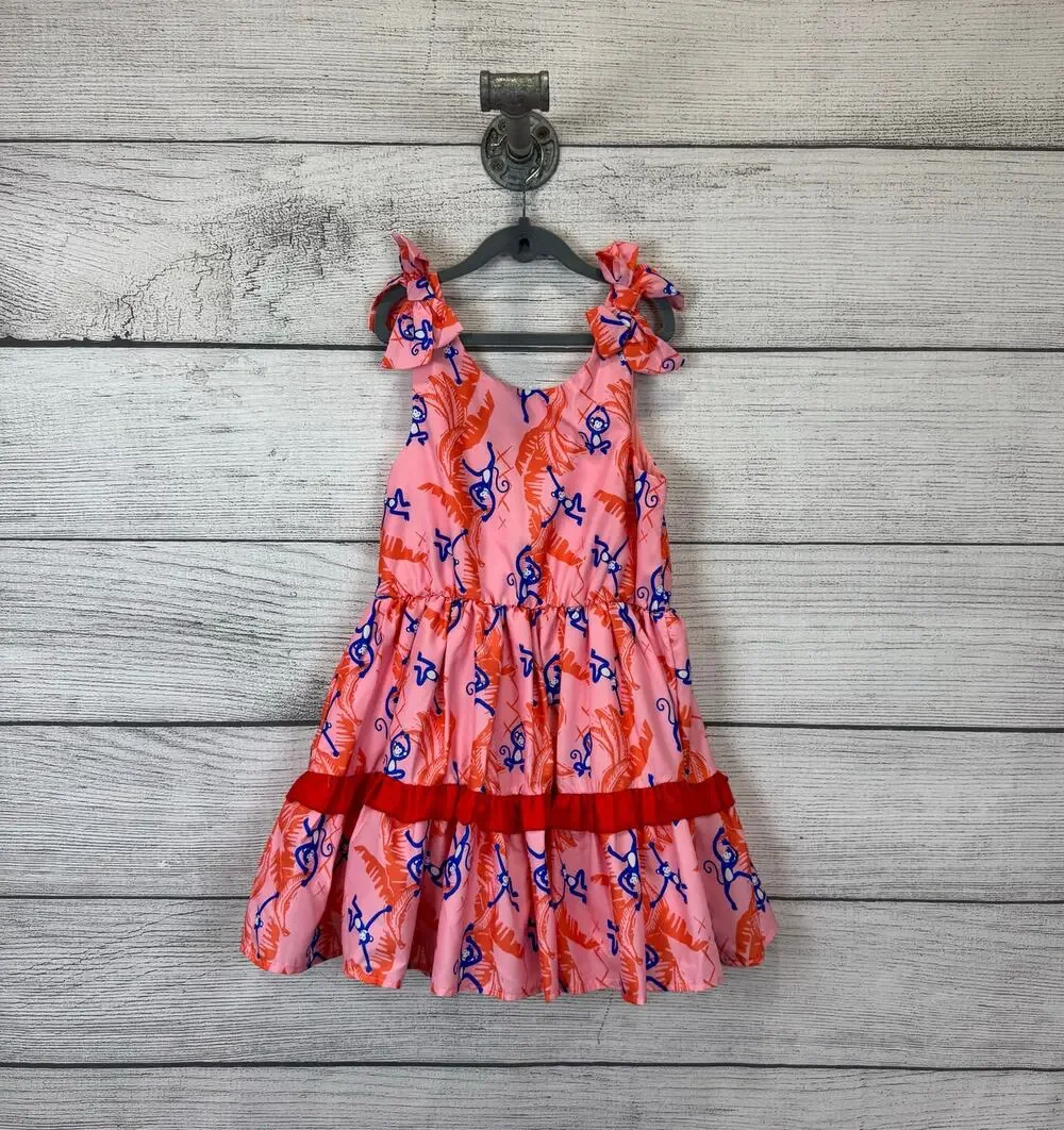 Peek Girl's Pink & Orange Monkey Printed Sleeveless Tiered Summer Dress Size 8