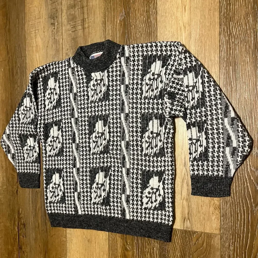 VTG Monochrome Abstract Pattern Knit Pullover Sweater Sz L Streetwear Retro 90s