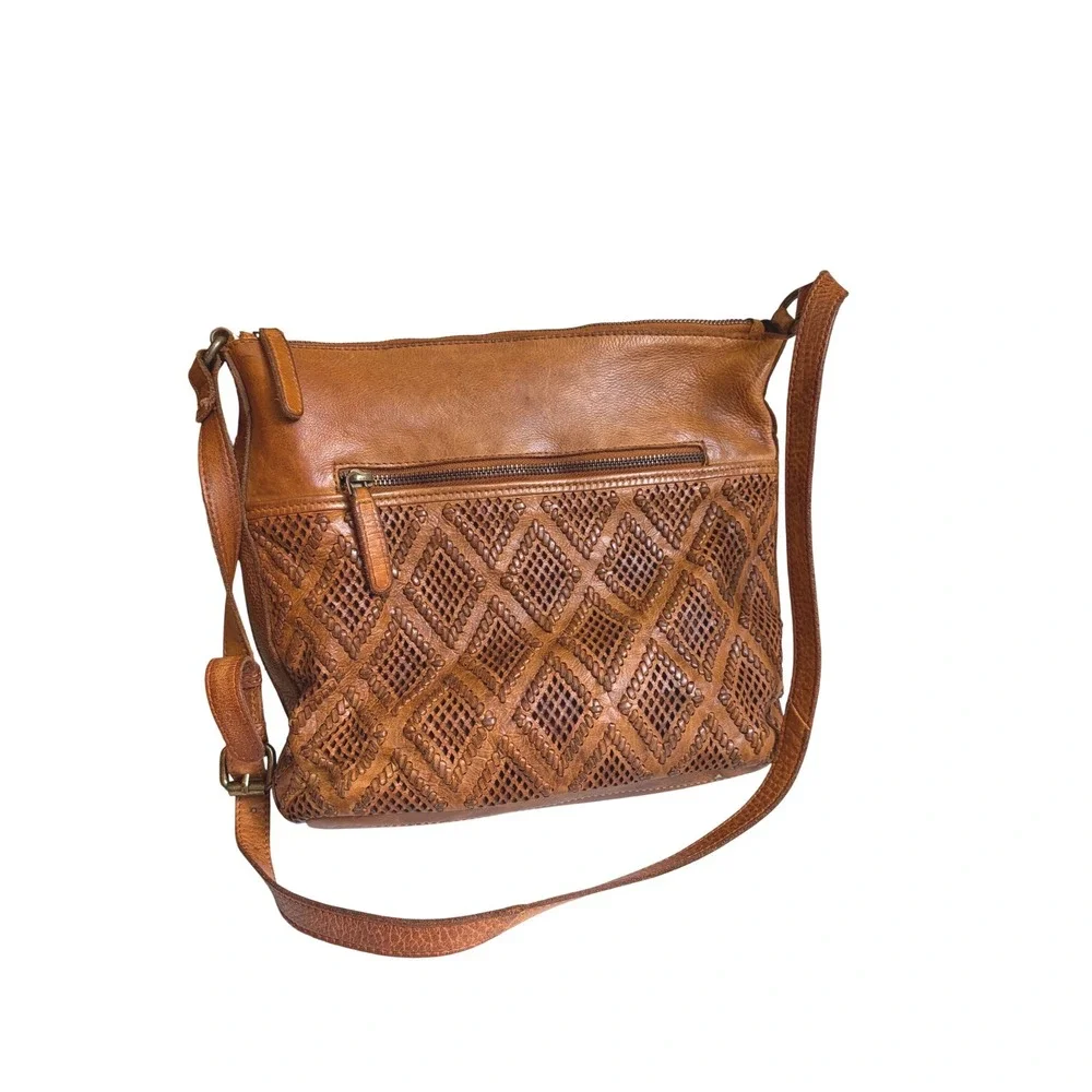 Valenca Holland Cognac Brown Leather Woven Diamond Crossbody Bag Handbag