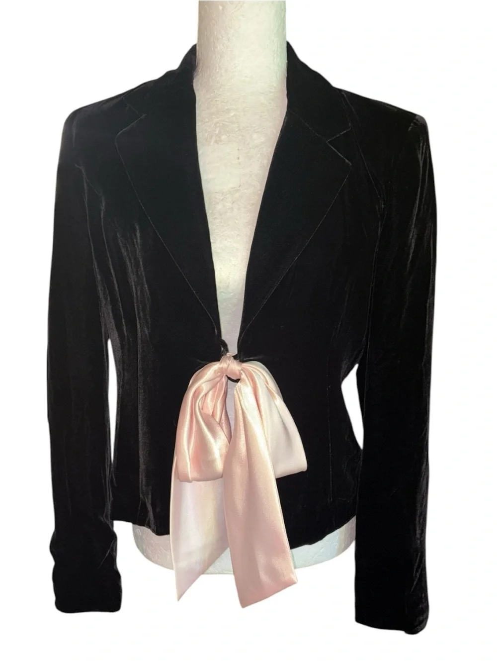 Ideology Black Silk Blend Velvet Blush Pink Bow Tie Y2K Blazer - 4