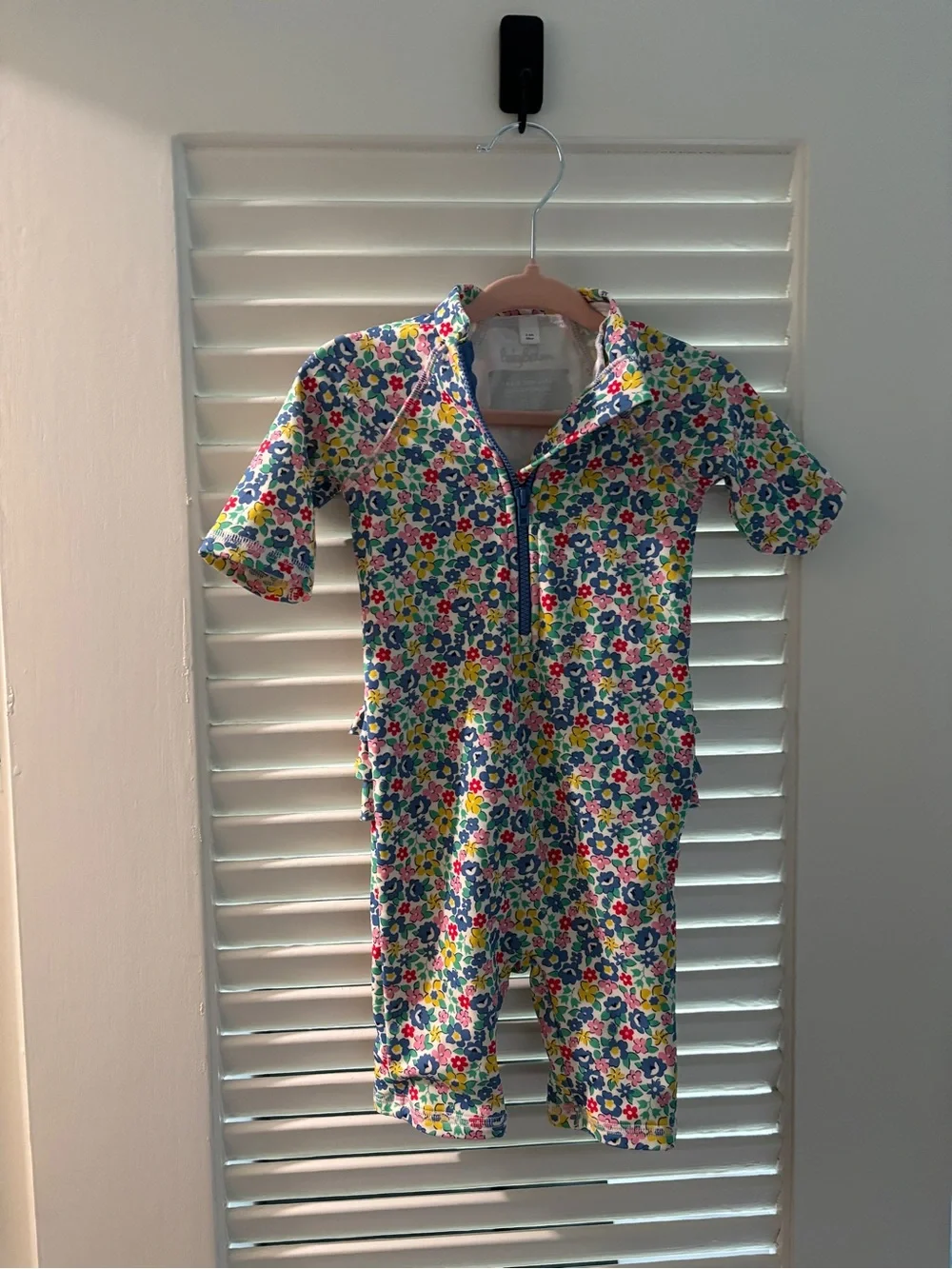 Baby Boden Floral Short-Sleeve Sunsuit in Blue, Yellow & Pink