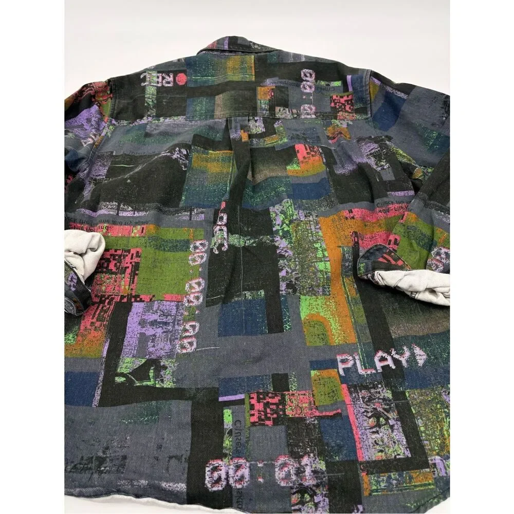 BDG Black Button-Up Shirt with Green, Purple & Pink Graphic Print
