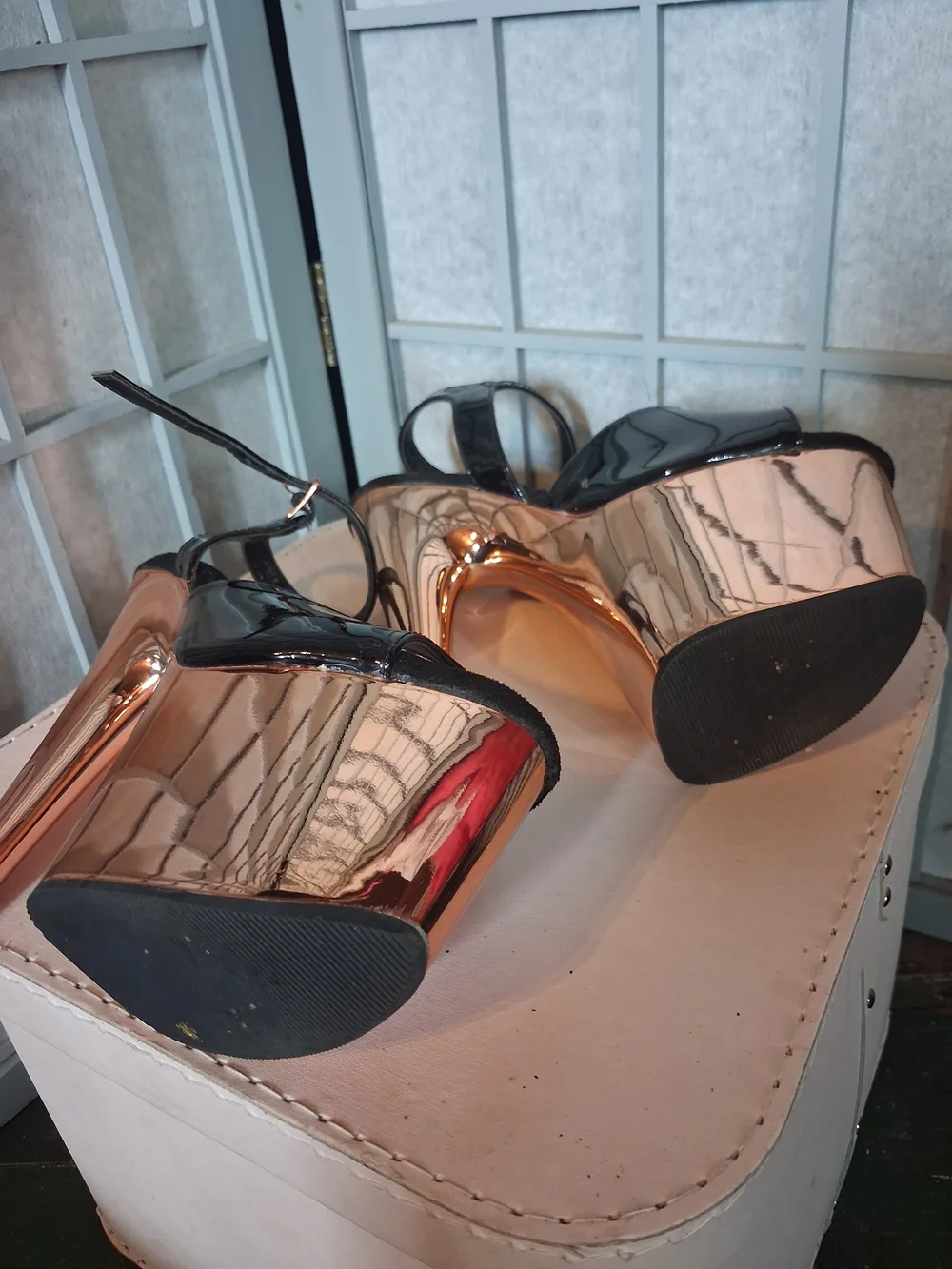 🖤👡Pleaser Black Patent & Rose Gold Chrome Platform Heels | Exotic Dance Shoes