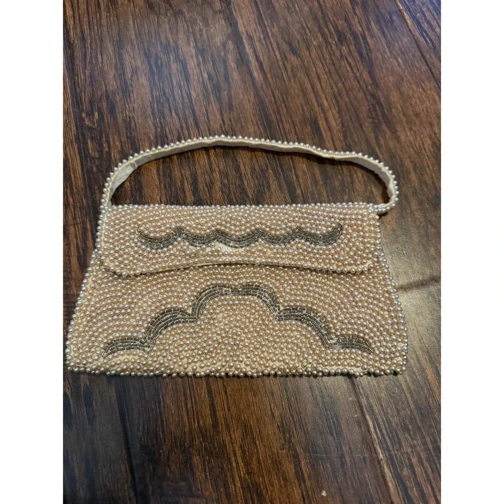 Vintage Japan Beaded Faux Pearl Clutch Evening Bag Ivory Wavy Bugle Beads Ivory