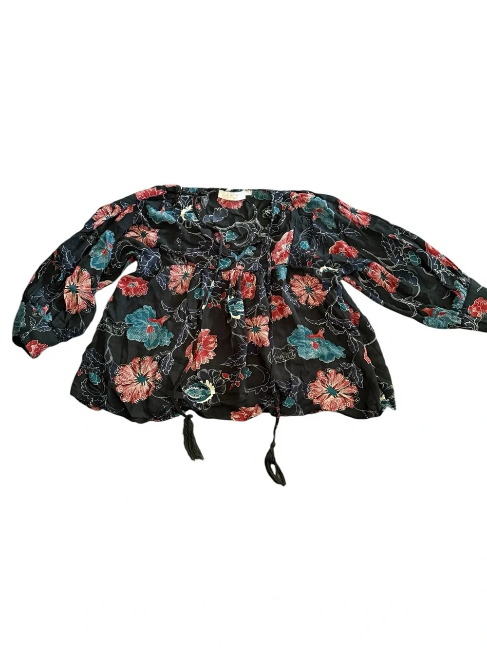 ASTR The Label Black Floral Puff Sleeve Peasant Blouse Medium Cottagecore