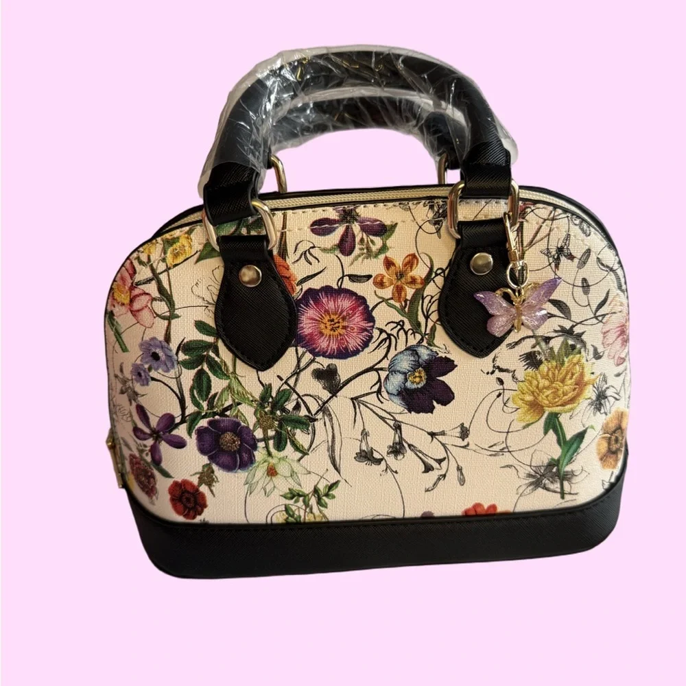 NWOT Floral Dome Satchel Handbag w/ Butterfly Charm Cream Black Structured Purse
