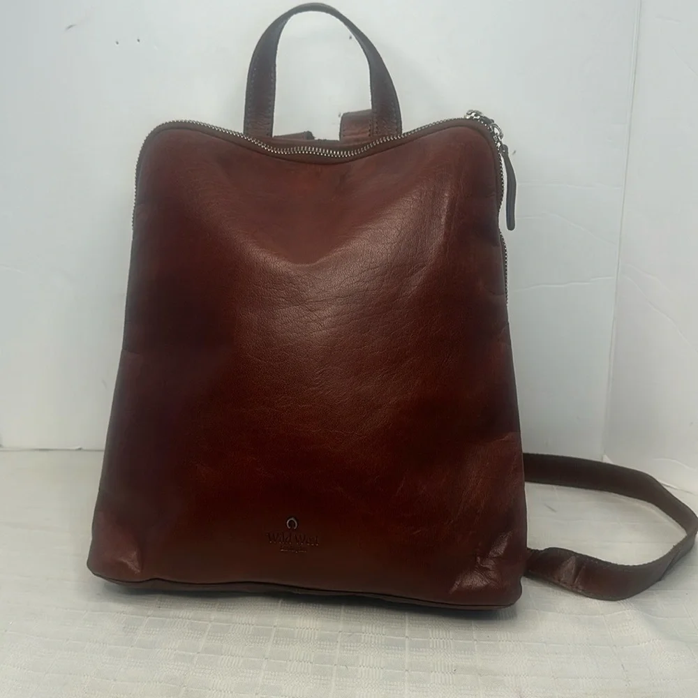 Wild West Los Angeles Cognac Brown Leather Backpack Plaid Interior Card Slots