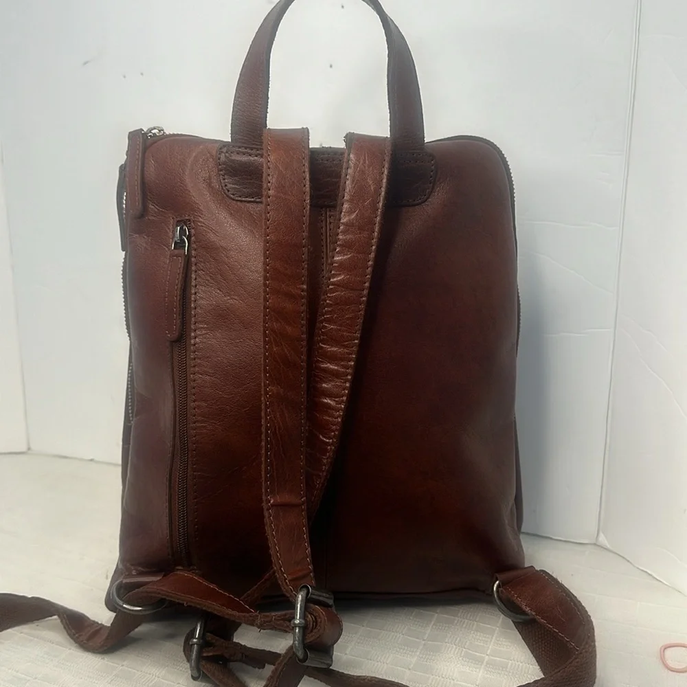 Wild West Los Angeles Cognac Brown Leather Backpack Plaid Interior Card Slots