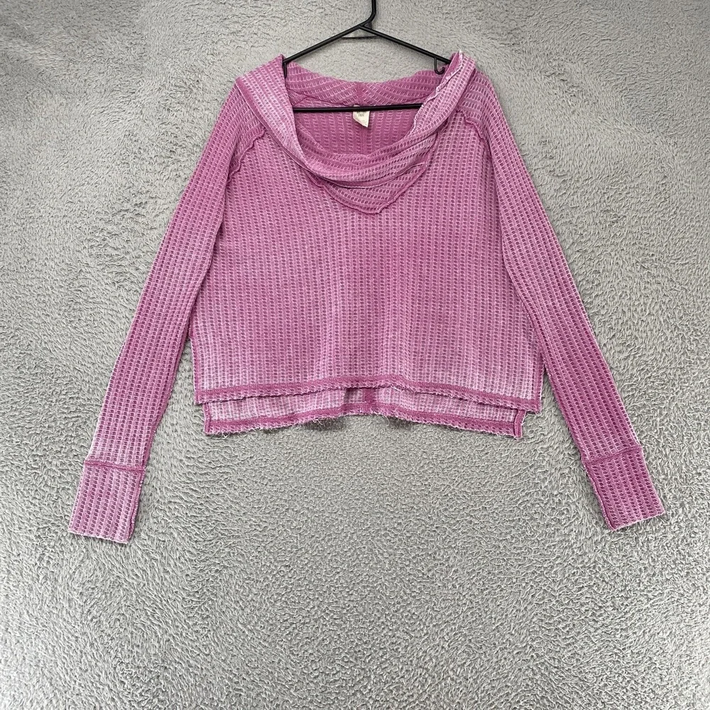 We The Free Thermal Top Womens XS Pink Waffle Cowl Neck Cropped Boxy Oversized