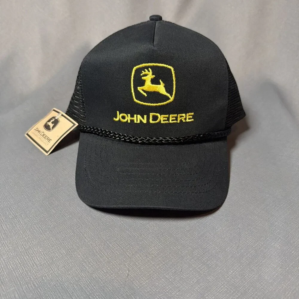 John Deere Black Mesh Trucker Hat NOS Vintage Snapback -M