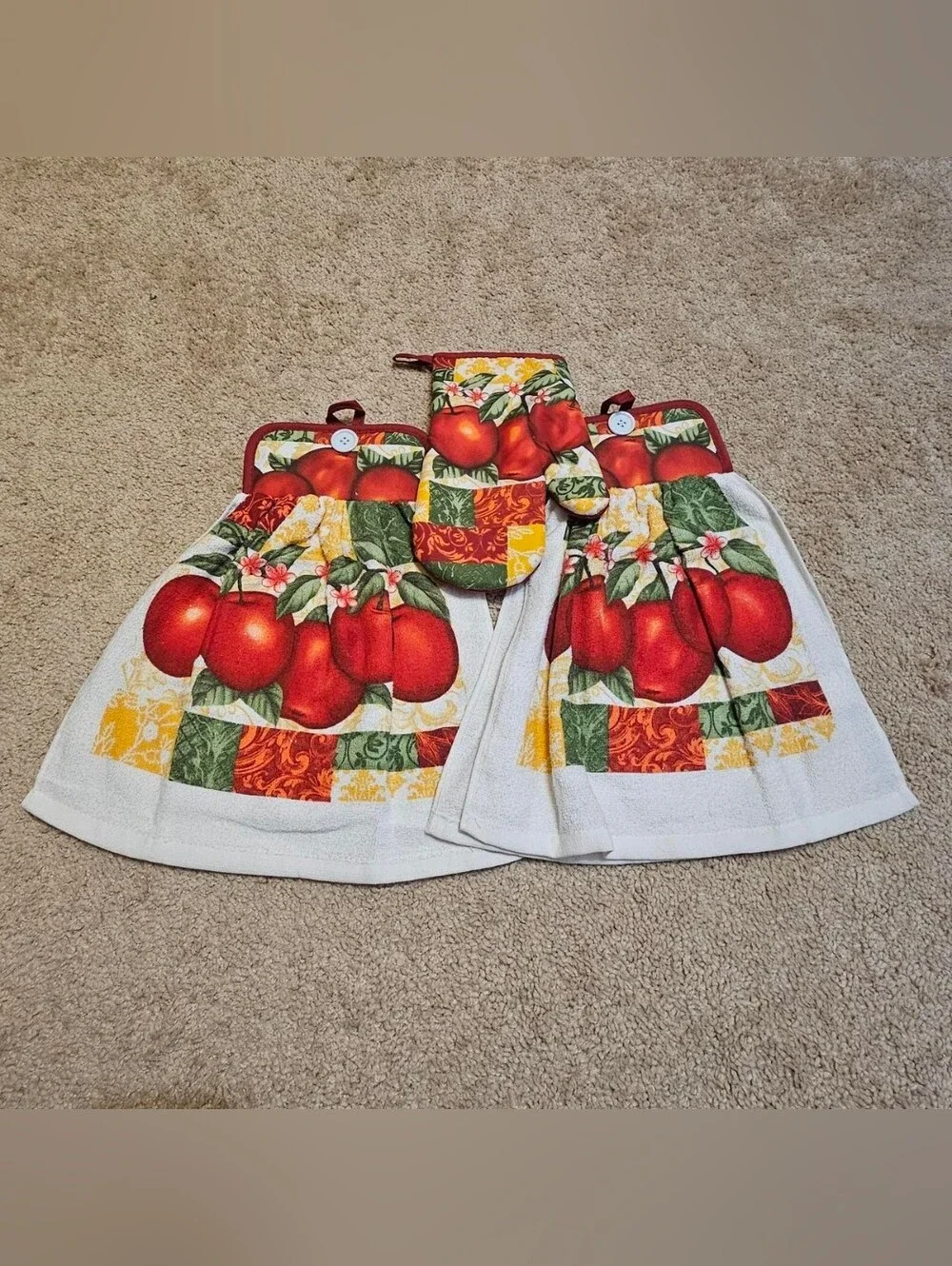 2 Handcrafted Towels Attached To Potholders | Red + White | Apples | Oven Mitt