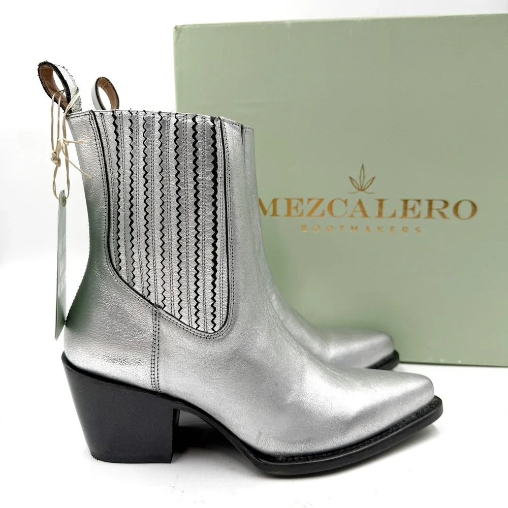 Mezcalero Ady Nuez Boot Silver Leather Western Pointed Toe Womens Sz 8.5 US