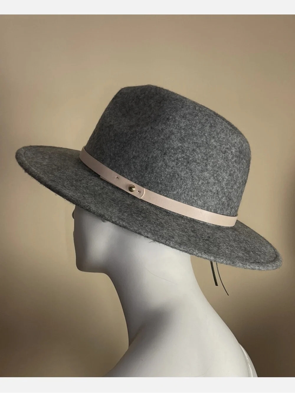 free people OS Gray Tan Leather Trim Wool Wide Brim Fedora Hat