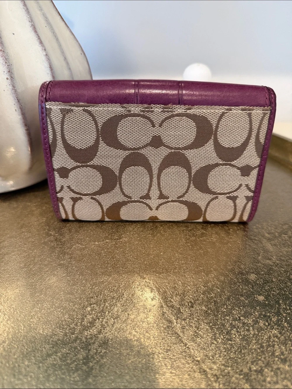 Vintage Coach Bleeker Signature Compact Clutch Wallet  Khaki/Boysenberry