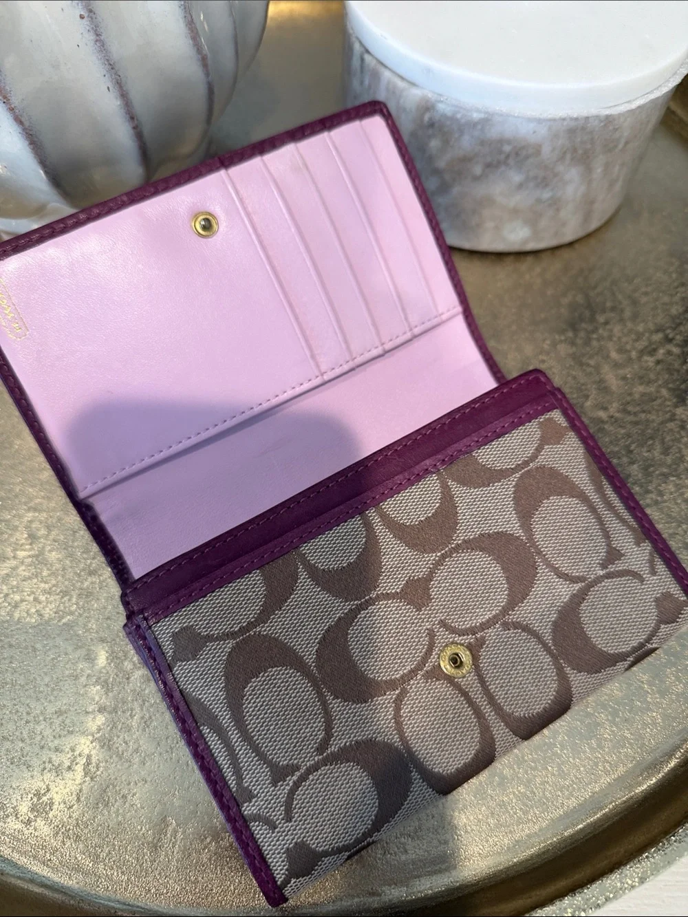 Vintage Coach Bleeker Signature Compact Clutch Wallet  Khaki/Boysenberry