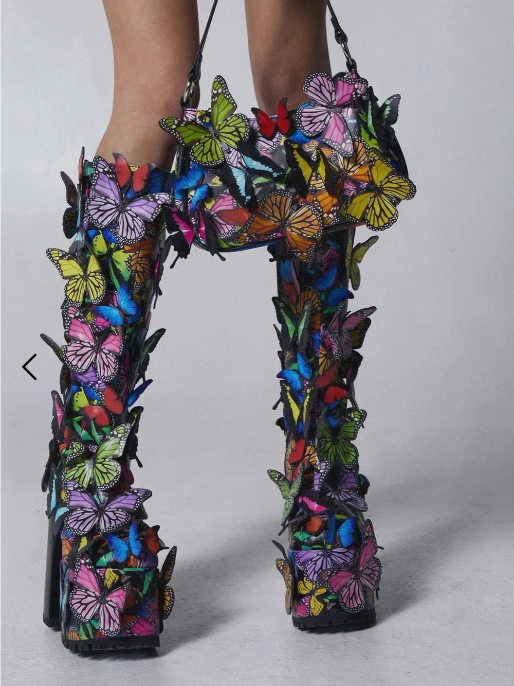 3D Butterfly Embellished Platform Knee-High Boots - Multicolor