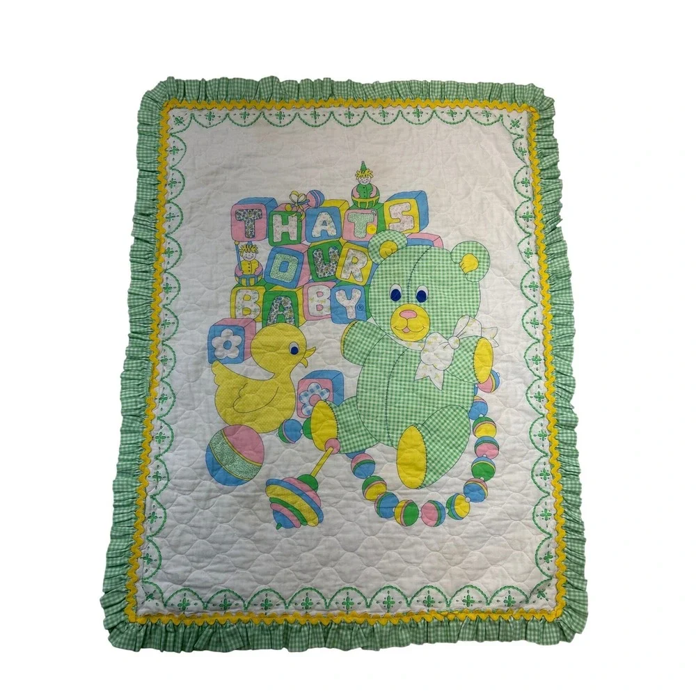 Vtg 80's Quilted Baby Blanket Wall Decor That's Our Baby‎ Blocks Bear Duck 40x31
