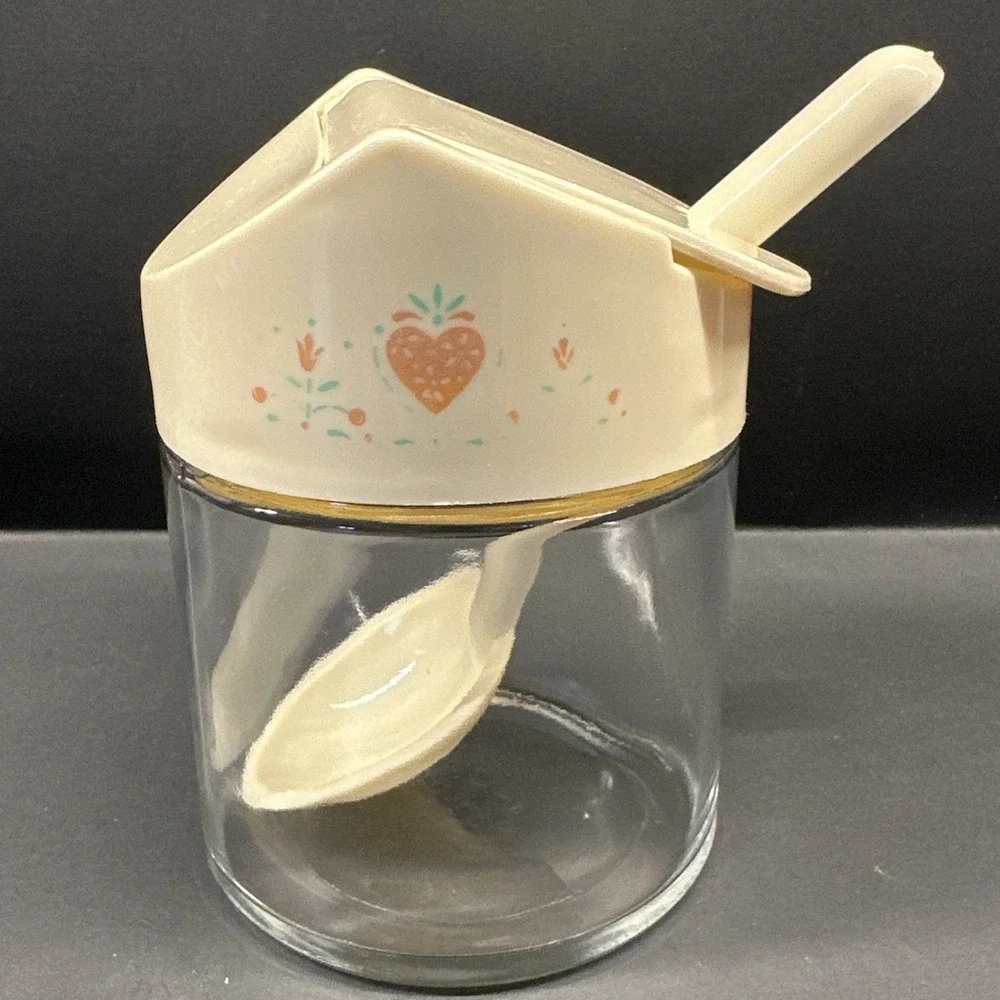 Vtg Corelle Gemco Forever Yours Heart Flip Top Spoon Glass Jar Sugar Jam Canistr