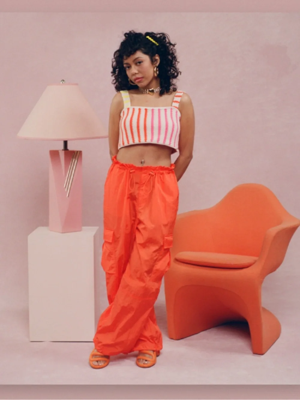 High-Waist Cargo Jogger Pants in Bright Orange