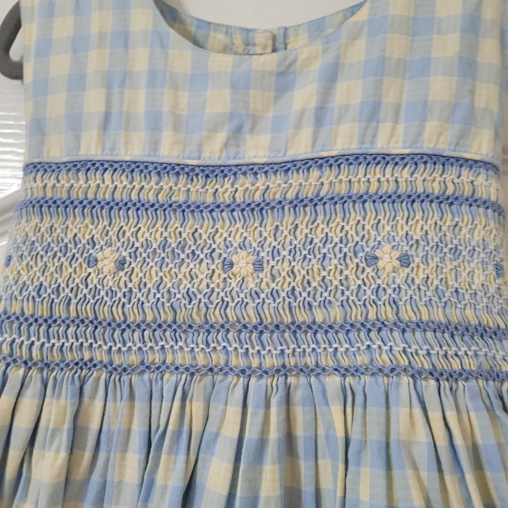 Strasburg Yellow and Light Blue Gingham Smocked Girls Dress