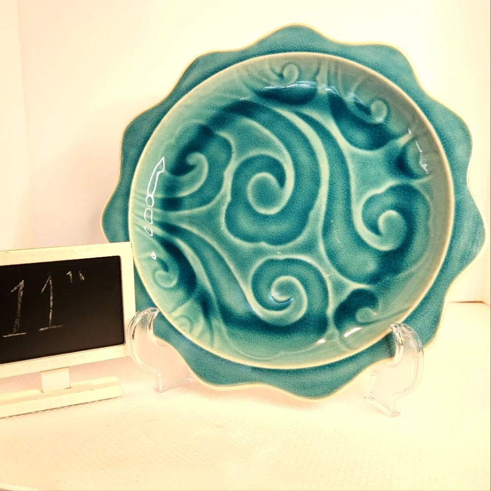 Pier 1 discontinued Tidal single dinner plate  blue‎ green wave pattern ceramic